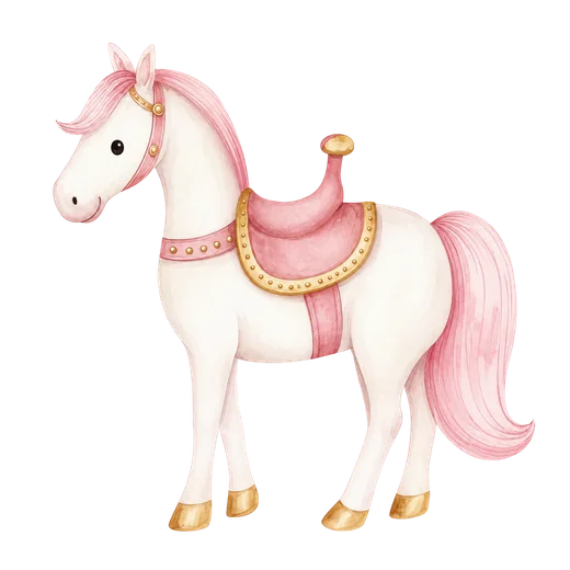 Cavalo branco com sela rosa em aquarela
